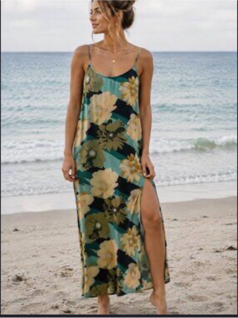 O'Neill Teal and Black Floral Slip Maxi Dress with Side Slit Medium